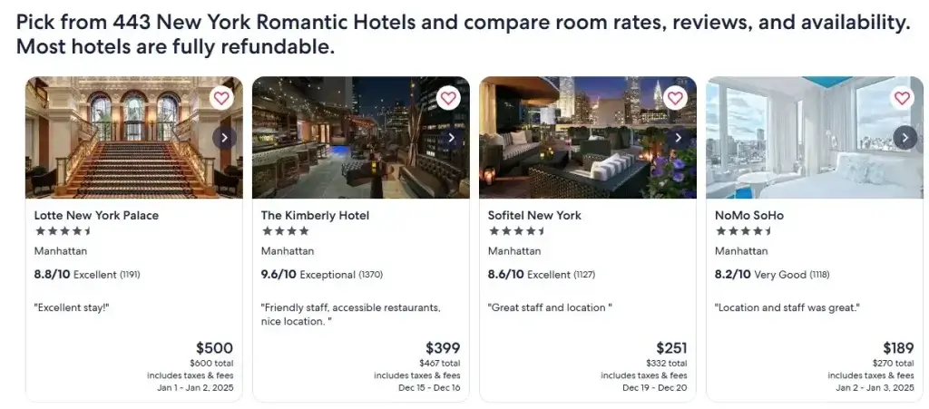 New York Romantic Hotels and compare room rates