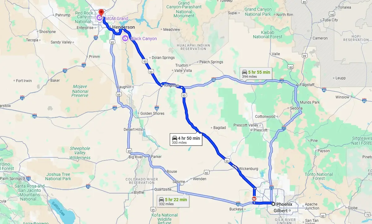 Driving Distance from Phoenix to Las Vegas