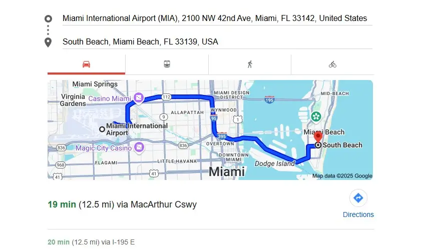 Exact Distance Between Miami Airport and South Beach