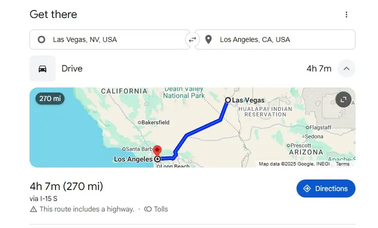 how far is los angeles from las vegas google map